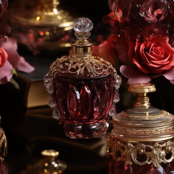 Luxurious opulence with a pink perfume bottle, gold vase, and elaborate table setting (tiled)