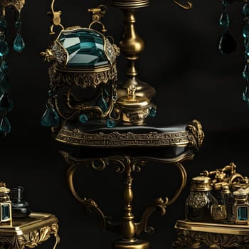 Elegant antique jewelry stand and ornaments in dark gold and cyan (tiled)