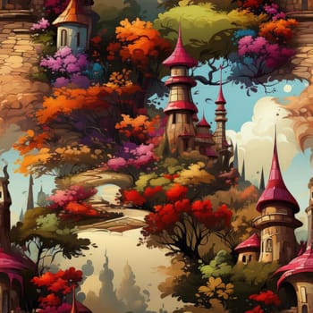 Vibrant artwork of castles and trees in a fantasy landscape (tiled)