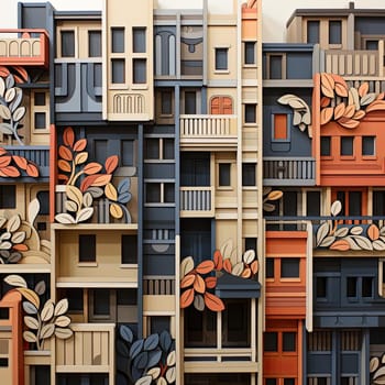 Paper art of buildings and foliage in earthy colors