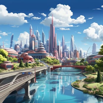Futuristic city with a river, in a cartoon realism style with meticulously detailed landscapes