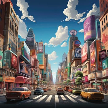 Vibrant city street scene with realistic color schemes and grandeur of scale