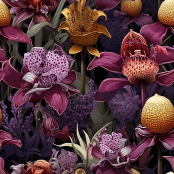 Bold and intricate floral pattern from a jungle with surrealistic elements (tiled)