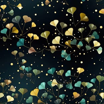Background with stylized ginkgo leaves on black surface with whimsical illustrations (tiled)