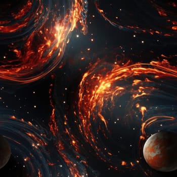 Explosive planets with swirling flames in a colorful and mind-bending space (tiled)
