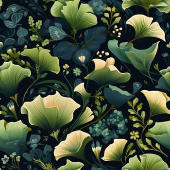 Delicate floral pattern with ginkgo leaves in navy and green (tiled)