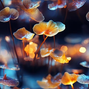 Mushrooms with delicate flowers illuminated by golden light (tiled)