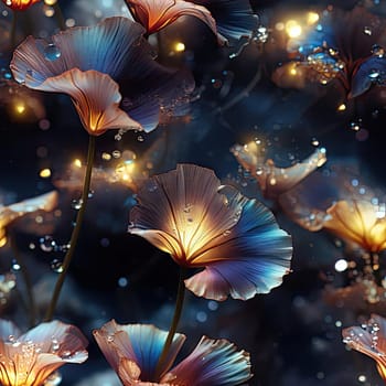 Fantasy flowers made with lights in the dark, with water droplets (tiled)