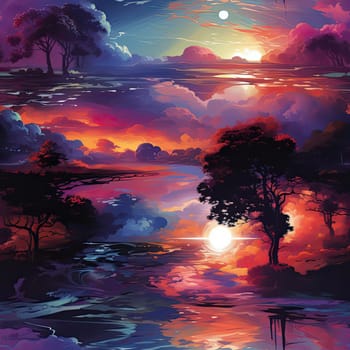 Colorful sunset scene with trees and water in an exotic landscape (tiled)