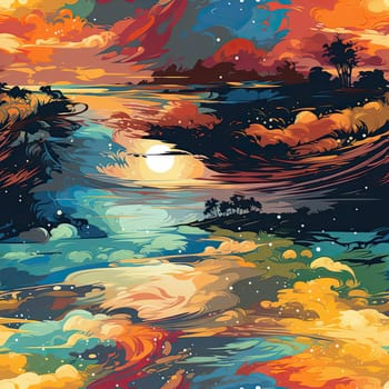 Vibrant painting of a nature scene with ocean and sunset (tiled)