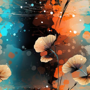 Watercolor flowers on a blue and orange background, with expressive manga style drips and splatters