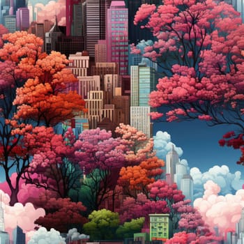 Detailed illustration of a city with pink trees and flowers (tiled)