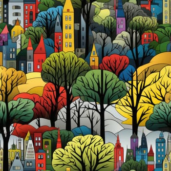 Colorful cityscape filled with trees and buildings (tiled)