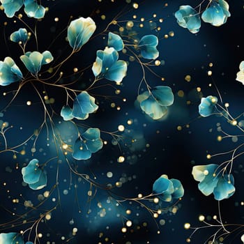 Beautiful blue flowers with golden petals and leaves on a dark background, with meticulous design
