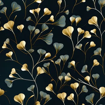 Gold ginkgo leaves on dark blue background with romantic floral motifs (tiled)