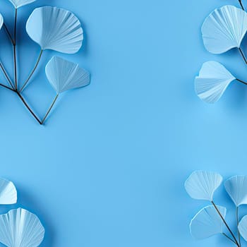 Delicate paper ginkgo leaves on a blue background with minimalist elements (tiled)
