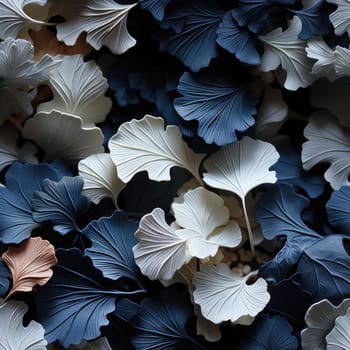Arrangement of blue and white leaves with multilayered surfaces (tiled)
