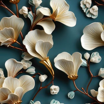 Exquisite white flowers on turquoise backdrop with sculptural ceramics (tiled)