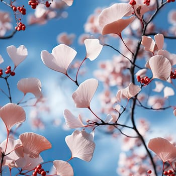 Pink branches with ginkgo berries against a blue sky (tiled)