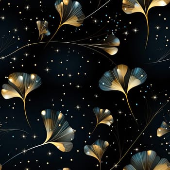 Golden ginkgo with stars on a black background seamless pattern (tiled)
