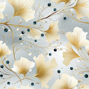 Seamless pattern with gold and silver floral leaves, beads, and leaves (tiled)