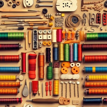 Assortment of colorful sewing supplies on a beige background (tiled)