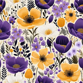Exquisite floral pattern with purple and yellow flowers on a white background (tiled)