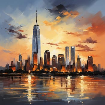 Realistic impressionistic painting of New York City at sunset