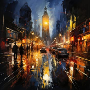 Impressionistic painting of a nighttime city scene with a clock