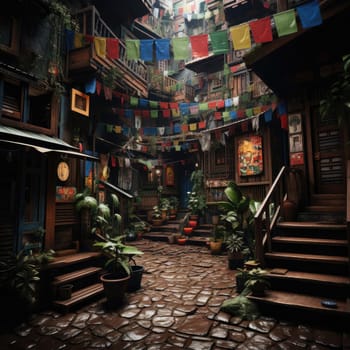 3D shaman's temple in a tropical village with vibrant street scenes