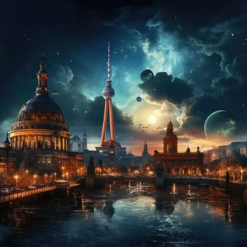 Starry sky above buildings and a canal