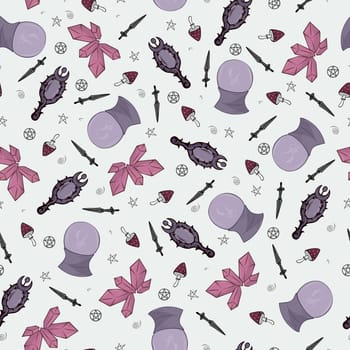 Seamless pattern with magic ball, crystal, magic mirror, mushrooms and knife on a light background.