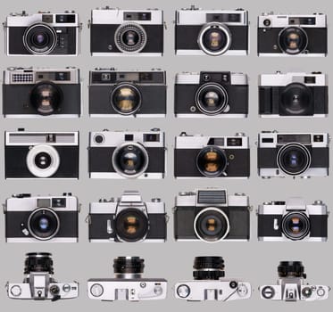 vintage old film camera collection isolated on gray background