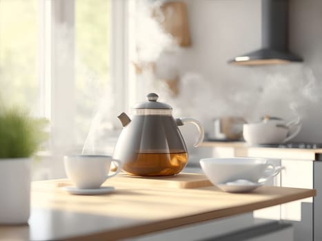 Bright, modern kitchen in which hot tea or coffee has just been prepared.