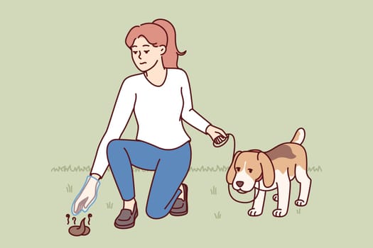 Woman walks dog with poop bag and picks up feces from ground, taking care of purity of nature. Young girl with dog on leash is in park and cleans after pet, showing civic awareness