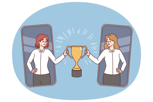Happy businesswoman on smartphone screen stretch hand holding golden trophy together. Successful remote deal and online agreement. Flat vector illustration.