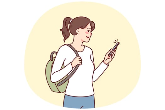 Smiling girl student with backpack using modern smartphone communicating online. Happy woman with cellphone browsing social networks on gadget. Flat vector illustration.