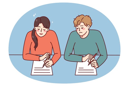 Boy cheating on school exam copy answers from female classmate. Schoolchildren with papers on examination during test. Flat vector illustration.