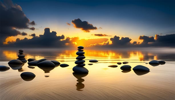 Zen stone in peaceful sunset landscape - Generative AI
