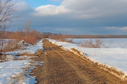 Gravel Road in a Winter Scene in the Trempealeau National Wildlfie Refuge in Wisconsin