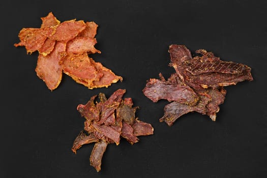Top view of various kinds of spicy jerky meat