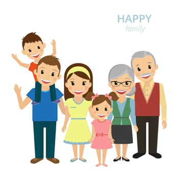 Vector illustration of happy family. Smiling dad, mom, grandparents and two kids isolated on white