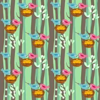 Seamless pattern with spring trees and birds with babies