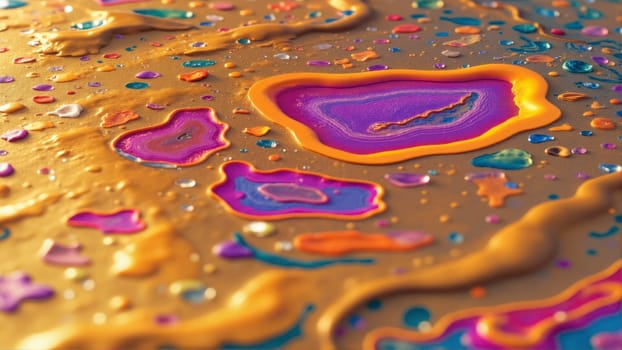The image is a colorful abstract painting with a variety of shapes and colors. The painting appears to be a mix of different colors and shapes, creating a unique and eye-catching piece of art