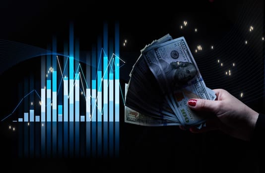 Holographic graph with growing indicators and a woman's hand. Business growth concept, profitable startup, profitable business strategy, sales increase. High performance
