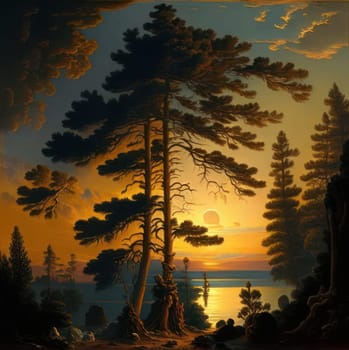 Sunset between the pines. Image created by AI