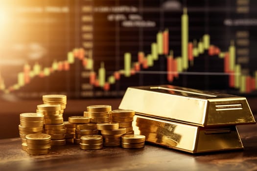 Investment gold and coins in the stock market. Shares graph representing investment - Generative AI