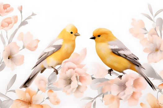 Pair of yellow birds in spring nature. Pastel color style in pink tones - Generative AI