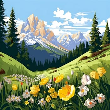 Spring in the mountains of the Italian Dolomites. Cartoon landscape with nature. Generative AI