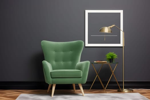 Vertical frame mock up in modern interior with green armchair and plant. Scandinavian style - Generative AI